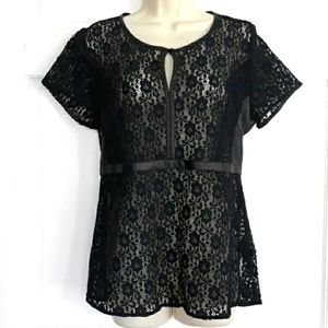Harve Benard lace top short sleeve in black with faux leather trim